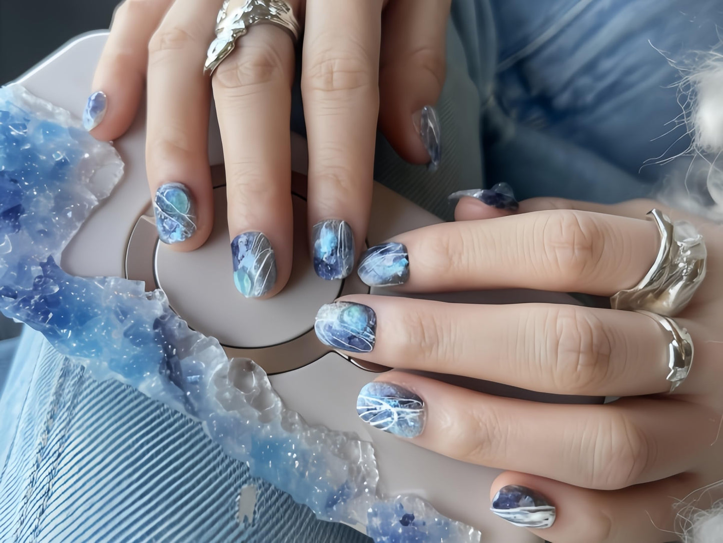 Fine Point Midnight Nebula Press On Nails for Women, 10pcs Short squoval False Nails, Handmade Galaxy Marble with White Line Art, Reusable Glue On Nails, Fun Mothers Day Gifts (Size Small)
