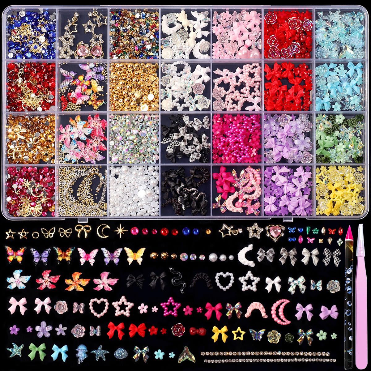 28 Grids Nail Art Decorations Set - 3D Flower Butterfly Bow Star Heart Charms, Rhinestones Gems Pearls, Mixed Metal Nail Jewelry for Acrylic Nails, DIY Manicure Accessories Kit for Women & Girls