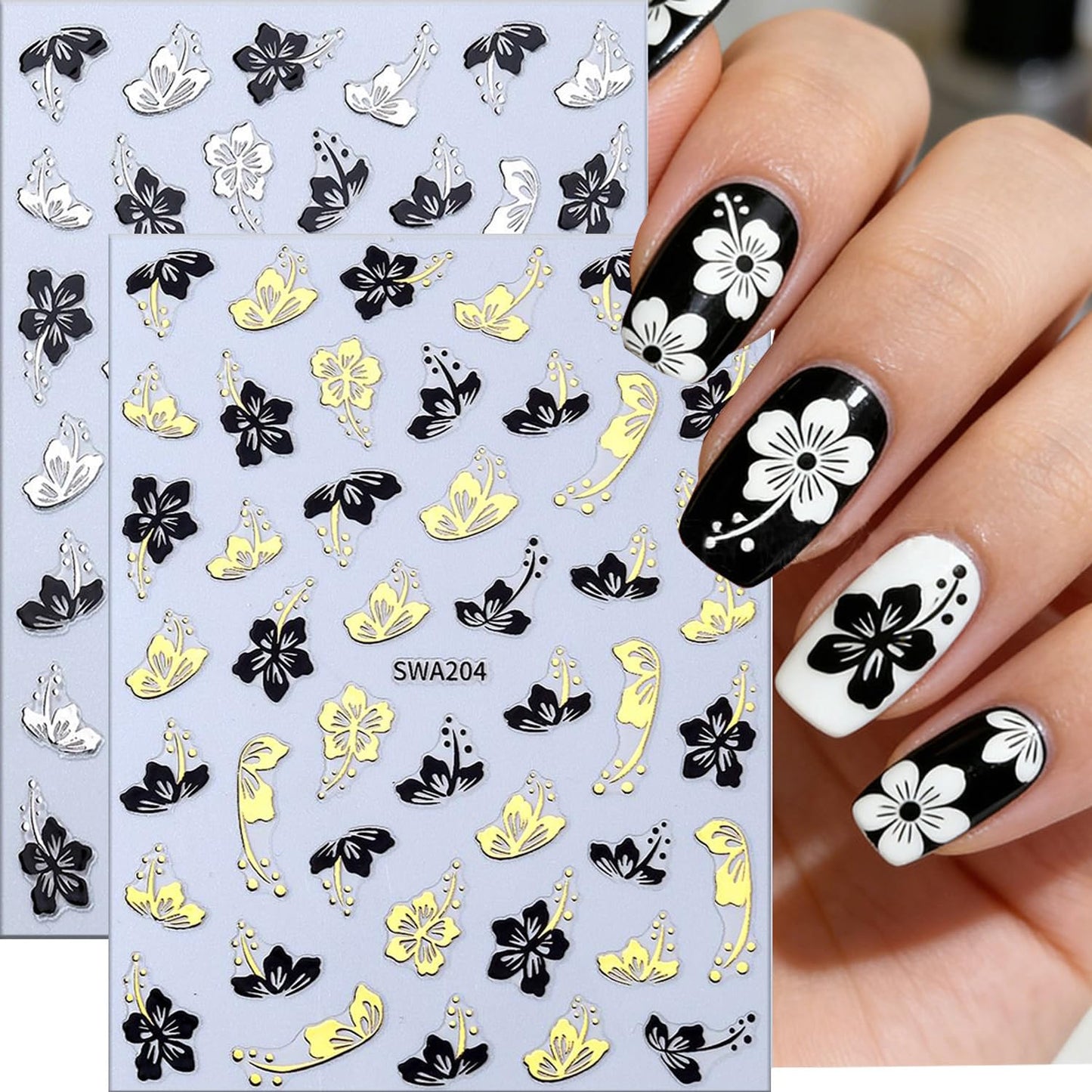 6 Sheets Flower Nail Art Stickers 3D Self -Adhesive Hibiscus Nail Decals Holographic Gold Silver Black Hibiscus Floral Nails Stickers for Women Spring Summer Acrylic Nails Decoration Supplies