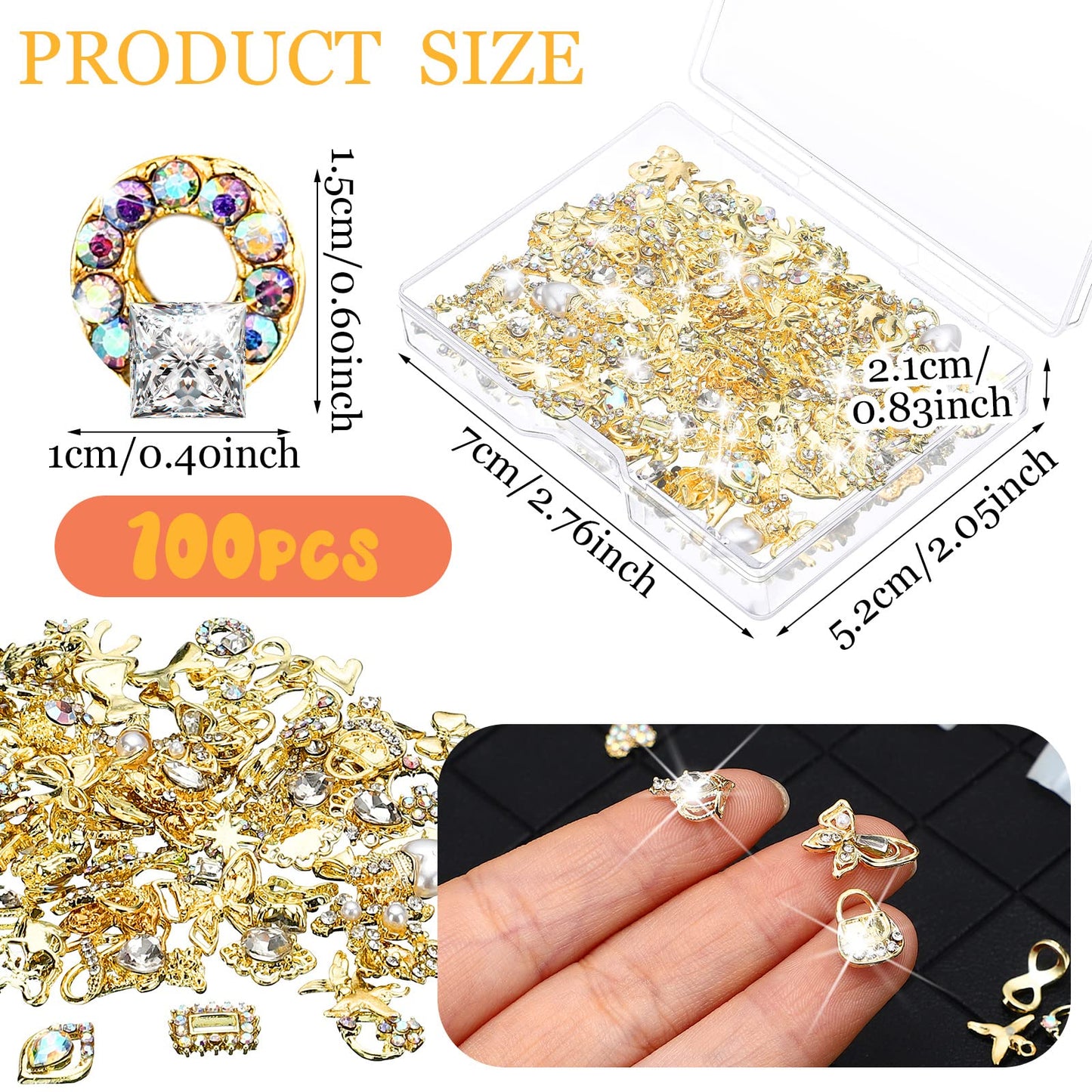 Lounsweer 100 Pcs Gold Nail Charms and Gems, 3D Gold Rhinestones Shiny Metal Crown Heart Butterfly Angel Luxury Crystal Diamonds Decor for Acrylic Nails Art Alloy Women Art Design DIY