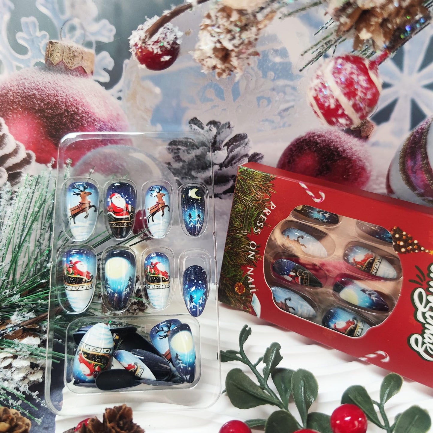Christmas Press on Nails 24Pcs Reindeer Gel Glue on Nail Santa Claus Medium Almond False Nails Glossy Blue Gradient Acrylic Fake Nail Moon Stick on Fingernails for Women Xmas Gift