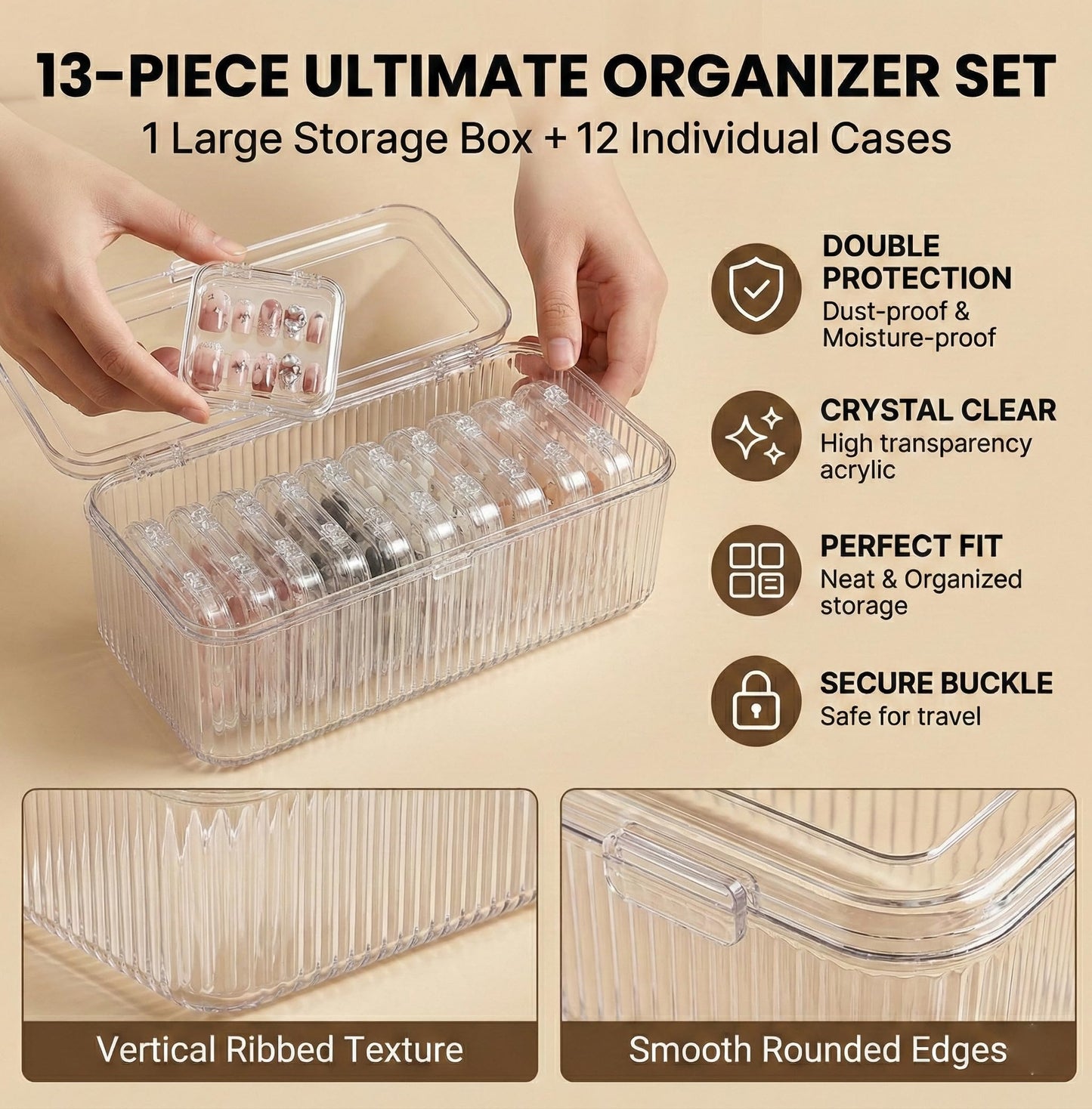 Kyvenly Press On Nail Organizer 12pcs 3.3in Nail Case And 1 Big Acrylic Storage Box For Packaging Clear Display Box Fake Nail Organizer With Double Sided Adhesive Tabs Nail Display Nail Salon