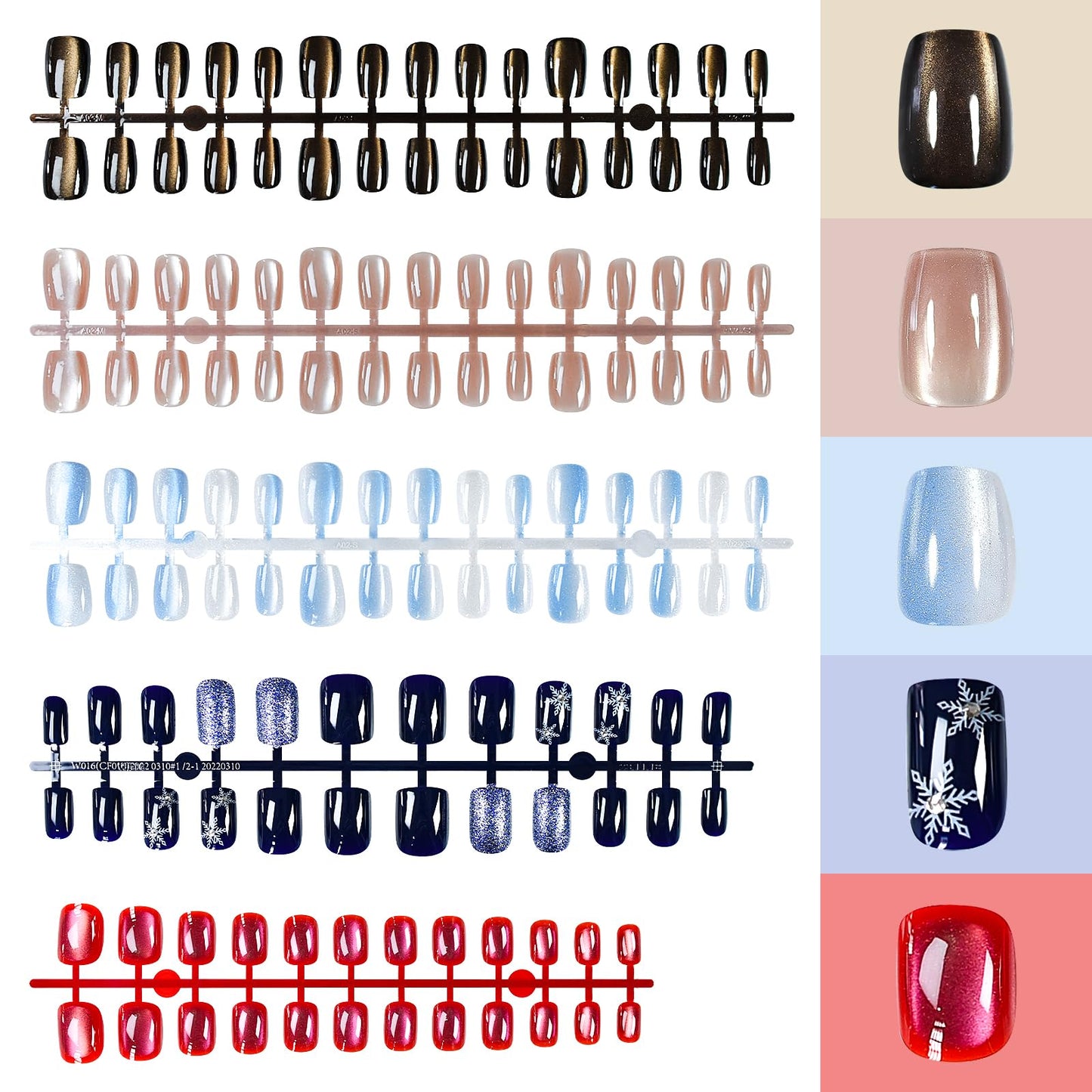 ELEVENAIL 5 Packs Shimmery Brown Blue Press on Nails Glossy Cat Eye Gel Nail Art Tips Medium Length Squoval Glitter False Nails Salon Manicure Kits Reusable Acrylic Nails Fake Fingernails
