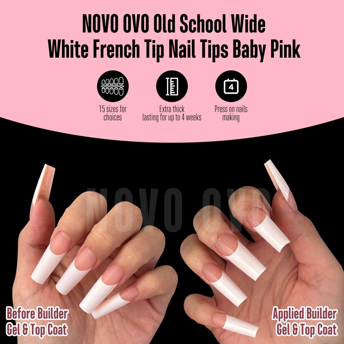 NOVO OVO Old School Wide White French Tip Nail Tips Press on, Long Tapered Square BABY PINK, Extra Thick Soft Gel Fake Acrylic Extension, Need Builder Gel Top Coat & Glue, 15 Sizes 240 pcs