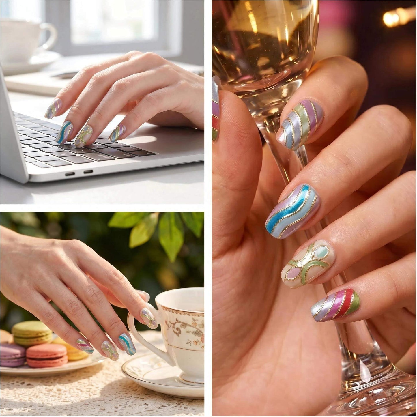 Taoyisent Colorful Abstract Press On Nails Short Square Glossy, Gold Line Art Fake Nails, Reusable Full Cover Stick On Nails for Women Party Vacation Festival Daily Wear, 30PCS