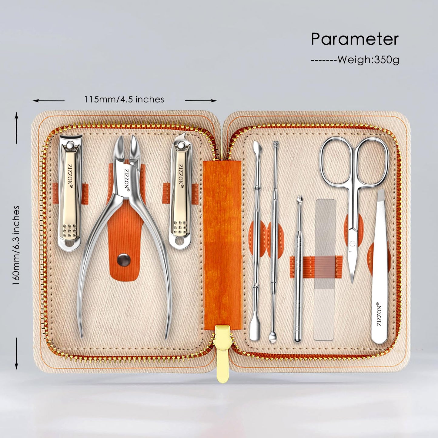 ZIZZON Manicure Set Professional Stainless Steel Toenail and Fingernail Clippers Set 9 in1 Pedicure and Grooming kit with Travel Case (Orange)