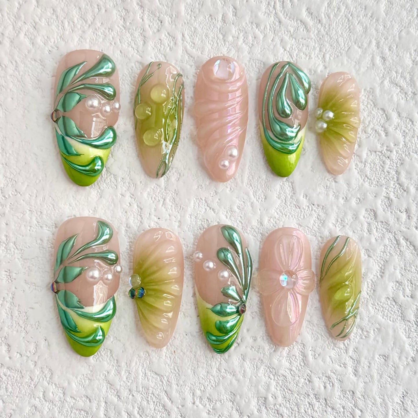 OFDNE Luxury Press On Nails Medium Almond Handmade 3D Unique Reusable ABS Material False Nails Green with Designs Pearls Floral Art Petal Glossy Glue on Nails Thick Acrylic Nails (10 Pieces, 1 Set)