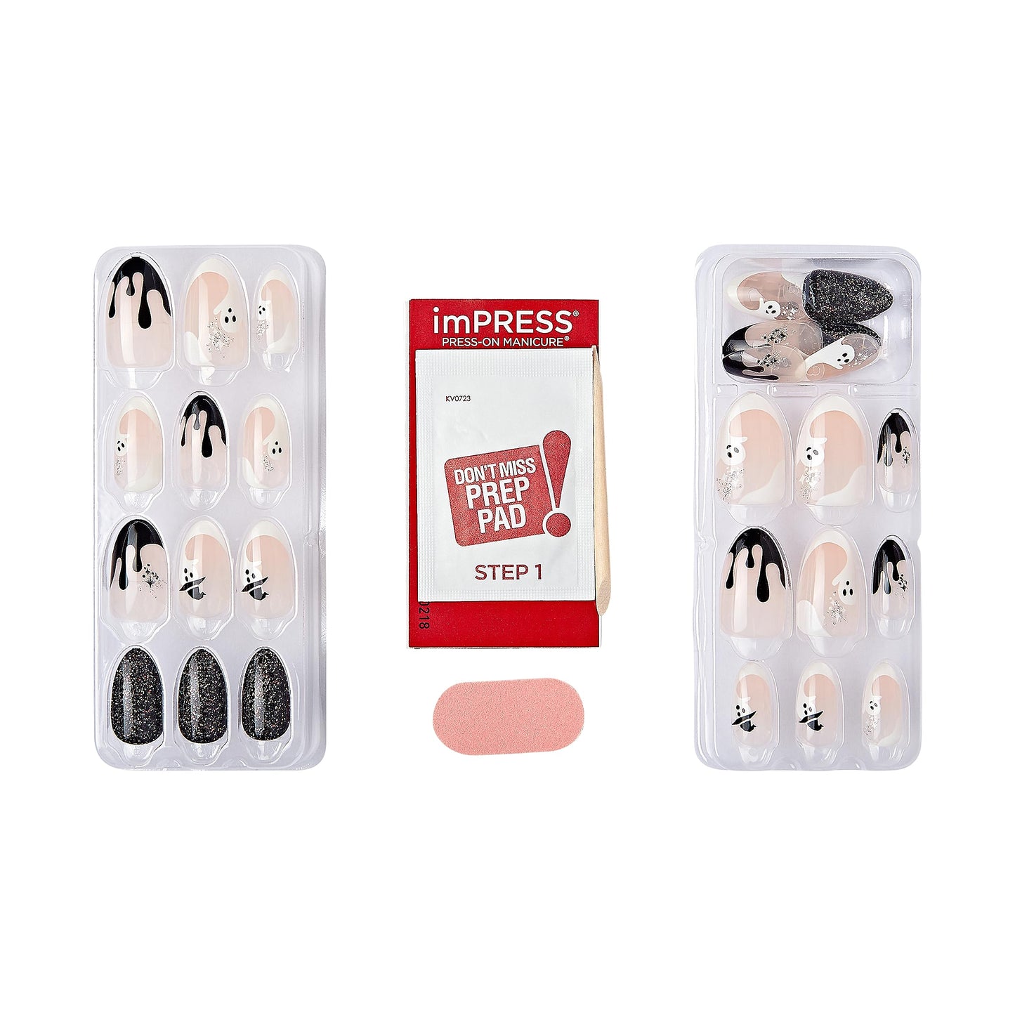 KISS imPRESS Press-On Manicure Halloween, Neutral, Medium Length, Almond Shape, PureFit Technology, Chip Proof, Smudge Proof, Waterproof, Prep Pad, Mini Nail File, Manicure Stick & 30 Fake Nails