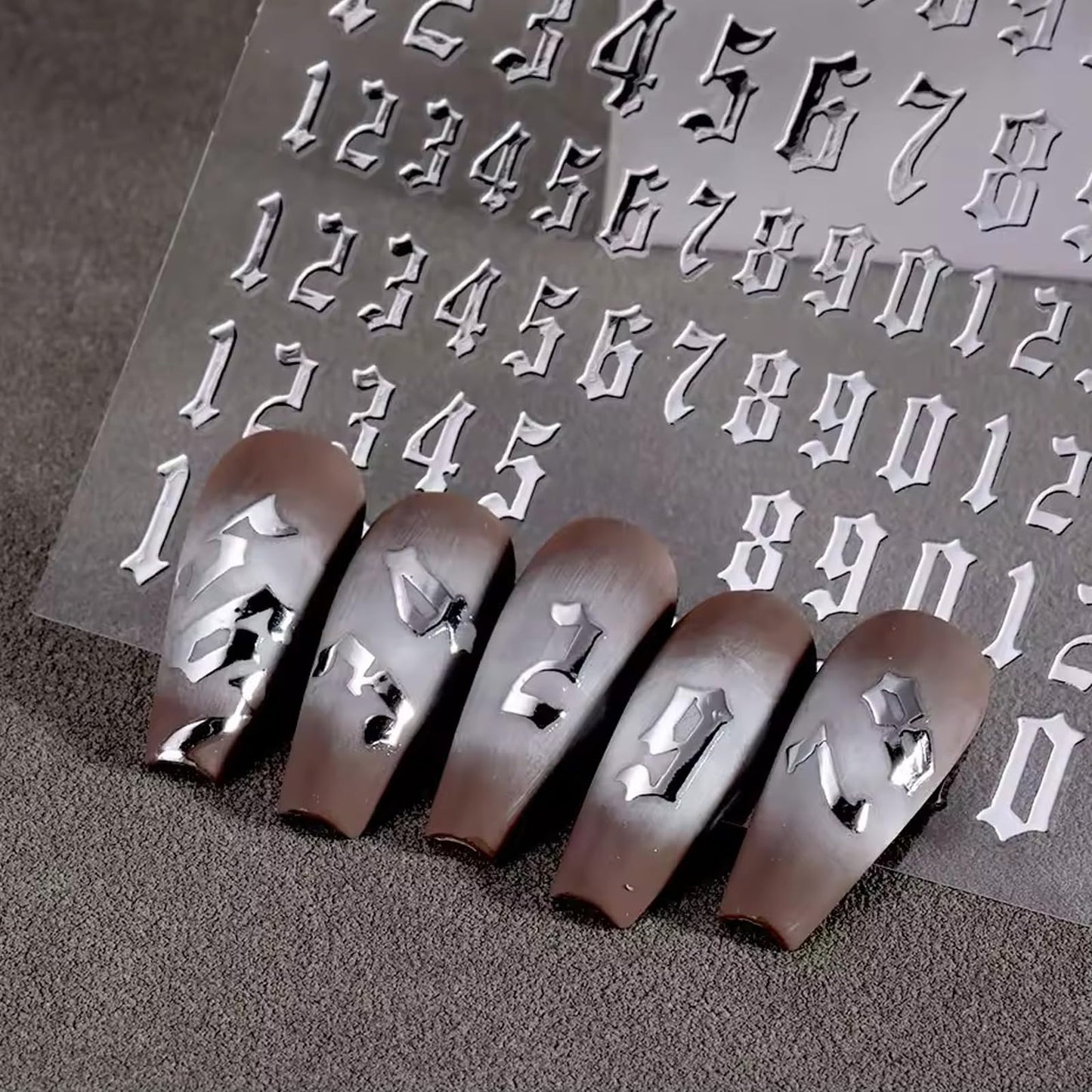 DANNEASY 8 Sheets Alphabet Number Nail Stickers 3D Self-Adhesive Old English Letters Nail Decals Black White Gold Sliver Nail Art Sticker Nail Initial Stickers for Women DIY Charms Decoration