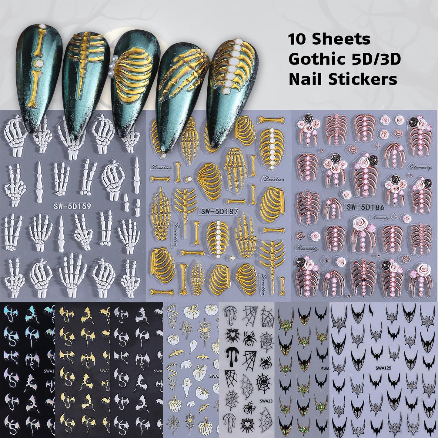 Gothic 5D Nail Art Stickers 10 PCS Embossed Skeleton Y2K Nail Decals Golden Rose Gold White Bone Skeleton Designs Goth Bat Self Adhesive Sliders Nail Art Decoration Manicure Accessories for DIY Party