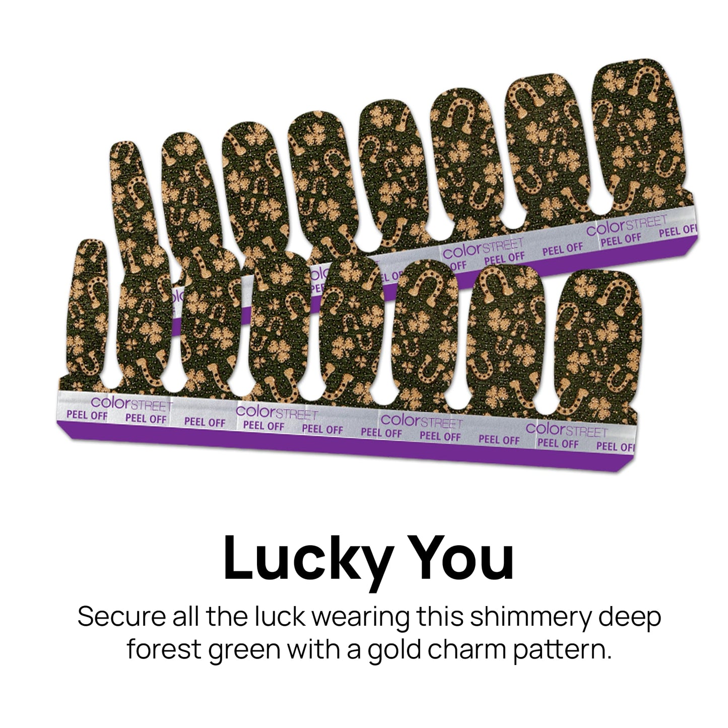 Color Street - Lucky You - Shimmery Deep Green and Gold Design Nail Polish Strips with Glossy Finish, Real Nail Polish Strips, St. Patrick’s Day Manicure Set - 16 Strips