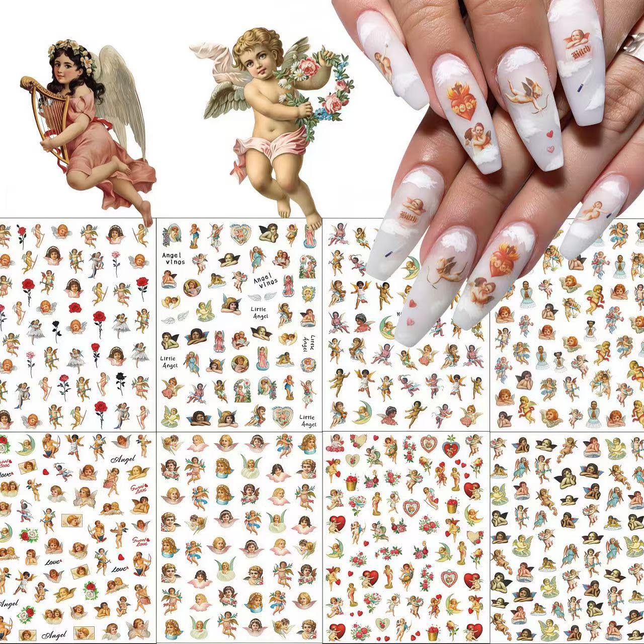 8 Sheets Angel Nail Stickers 3D Self-Adhesive Cupid Nail Art Stickers Decals Rose Flowers Love Heart Wings Nail Art Design Stickers Valentine's Day Nail Decorations for Women Acrylic DIY Manicure