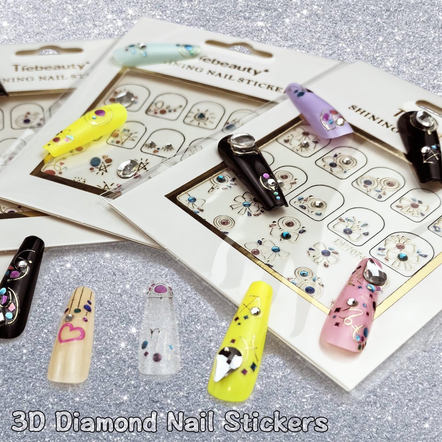 8 Sheets 3D Nail Art Stickers Diamond Heart Round Luxury Self-Adhesive Nail Decals Rhinestones Heart Design Gold Line Glitter Gems Pink White Purple Blue Colorful