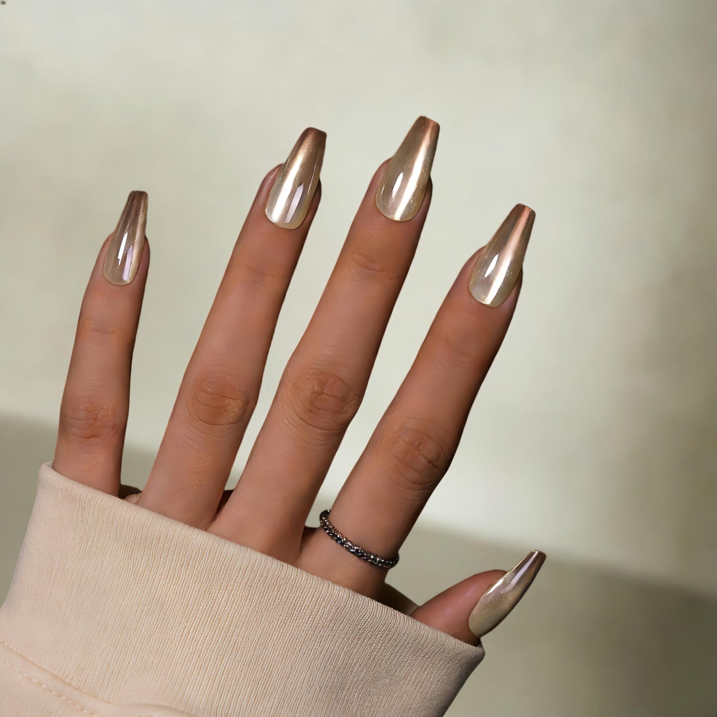 SXVME French Press On Nails Long Square - Chrome Ombre Press on Nails with Glue for Women, Nude Brown Fake Nails Press ons, Glazed Shiny Gel Glue on Nails Coffin, Reusable Nail Stick Ons, 30 Pcs