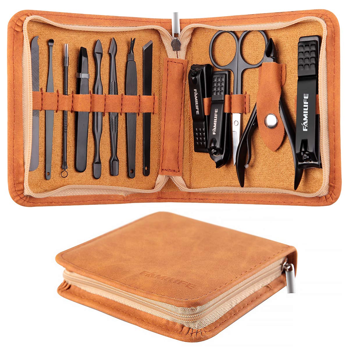 FAMILIFE Manicure Set, Professional Manicure Kit Nail Clippers Set 13pcs Stainless Steel Pedicure Tools Kit Grooming Kit Brown and Gifts for Men 16pcs Nail Clippers Pedicure Kit Manicure Kit Nail Clip