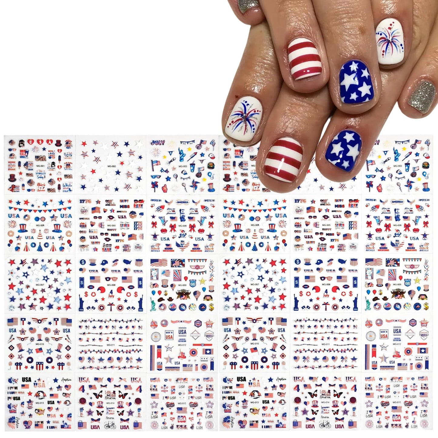 30 Sheets 4th of July Nail Stickers for Nail Art Independence Day Nails Art Stickers 3D Self Adhesive American Flag Stars Letters Fireworks Nails Decals Fourth of July Design Sticker for Women