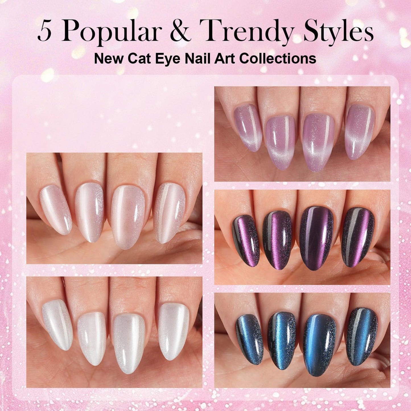 Vansiho 300Pcs Cat Eye Press on Nails, Glossy Glitter Cat Eye Designs Nail Tips for Women, Medium Almond Soft Gel Fake Nails, for Women and Girls Glossy Reusable Nail Tips in 15 Sizes