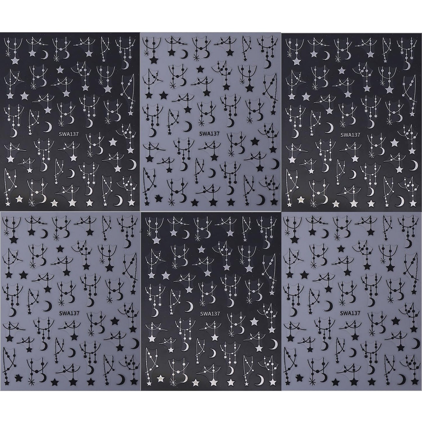 6 Sheets Star Nail Stickers 3D Self-Adhesive Silver Meteor Moon Nail Decals Black Chain Moon Star Nail Design Celestial Nail Art Stickers for Women Decoration Manicure Supplies