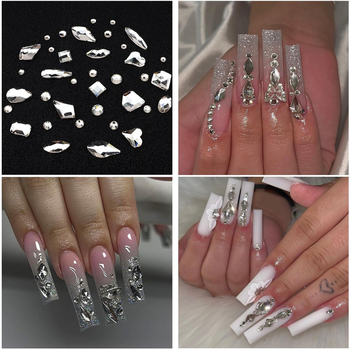 SEMATA White Nail Art Pearls Charms Silver Clear Nail Gems Flatback Nails Rhinestones Pearls Half Round Silver Nails Beads Art Accessories Decoration Design for Women