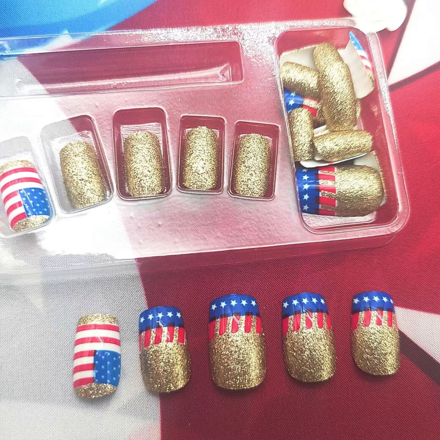 4th of July Press on Nails Medium Square Fake Nails National Flag Red Lines White Star Gold Glitter Designs Glossy Nails Press ons Fourth of July Acrylic Artificial Stick on Nails for Women 24Pcs