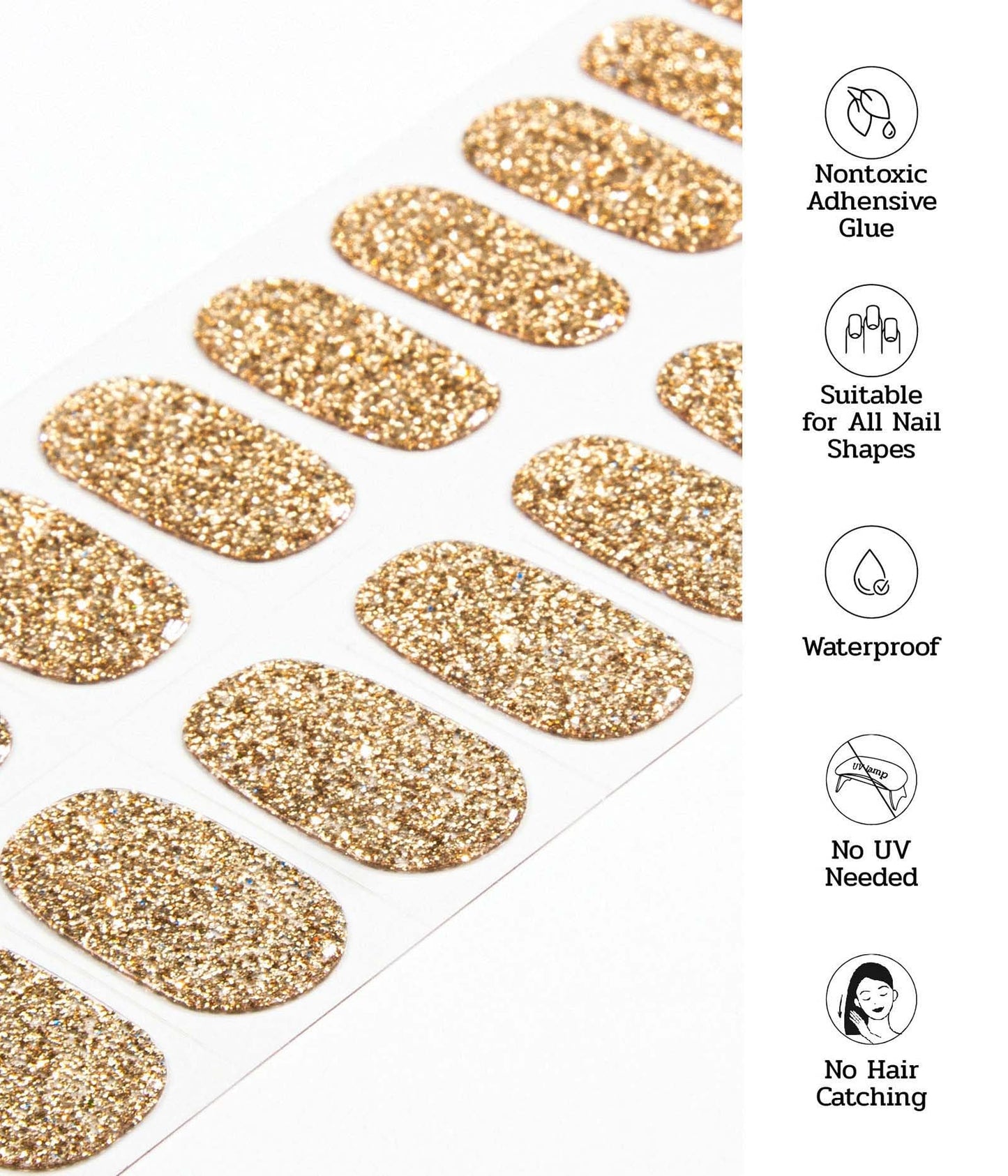 ruyeefam Nail Polish Strips (No UV Lamp Needed) - 22 Pcs Salon Quality Gel Nail Stickers - Long Lasting Wraps (Disco Ball Gold)