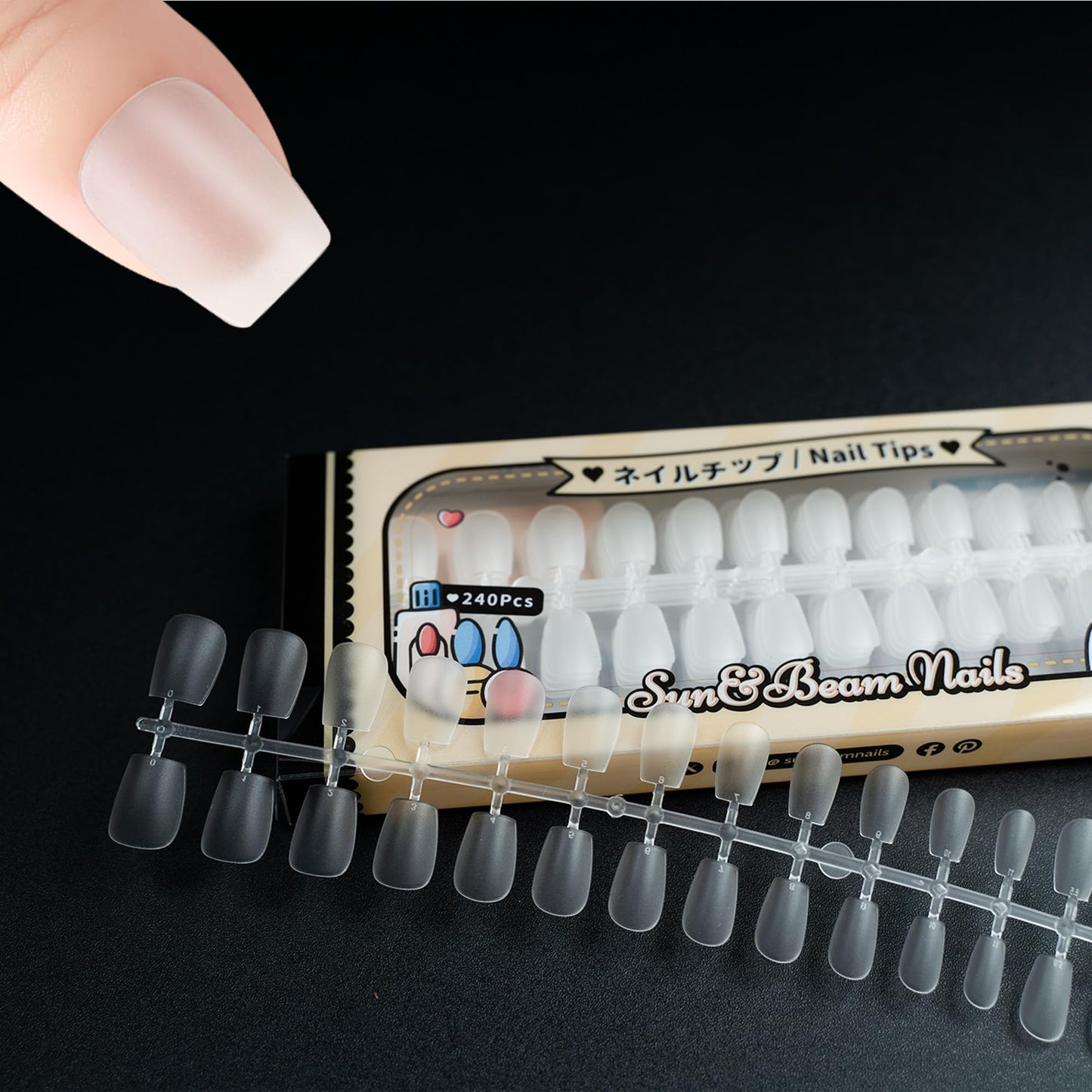 Sun&Beam Nails Clear Nail Tips – Full Cover Acrylic False Nails for Nail Art & Extensions 15 Sizes 240 Pcs (Extra Short Coffin)