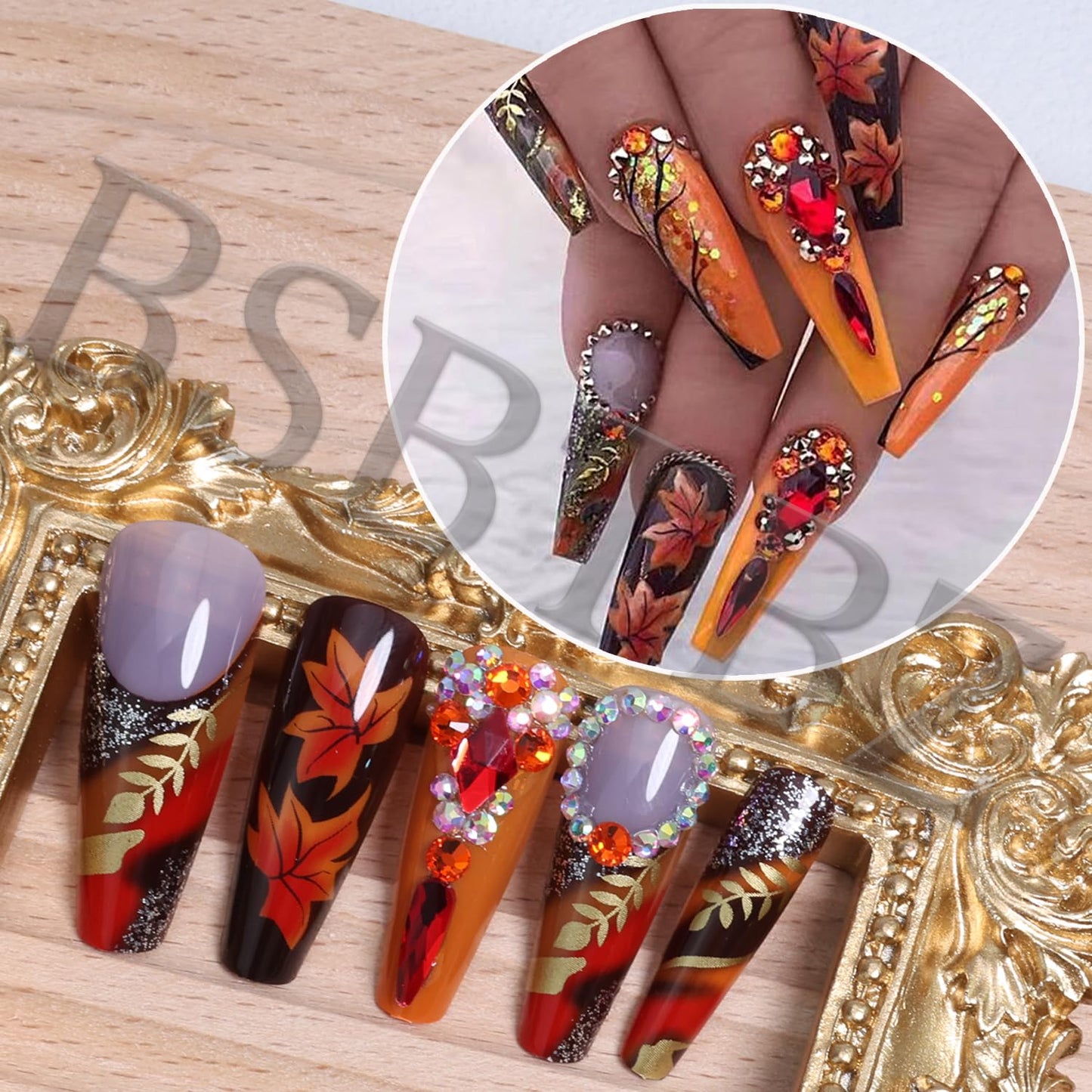 24 PCS Luxury Handmade Press on Nails Long Coffin Fake Nails with Rhinestones Designs Glitter Fall Leaves Press on Y2k False Nails Autumn with Maple Leaf Stick on Nails Thanksgiving for Women DIY