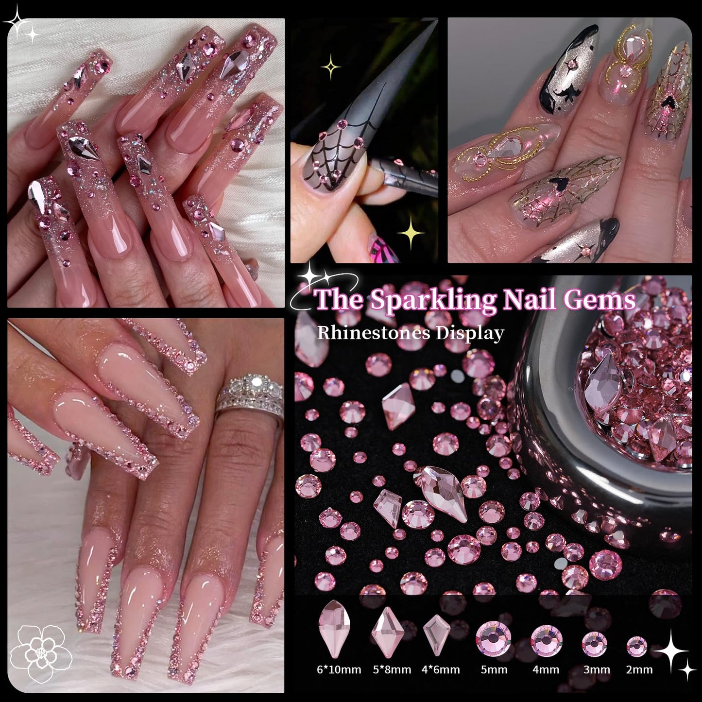 EARLMONI 12000PCS Flat Back Rhinestone Kits Pink Rhinestones Silver Face Gems Gold Nail Charms Flatback Pearls + Rhinestone Picker Tool 3D Shapes Nails Jewels for Bedazzling Face Makeup and Nail Art