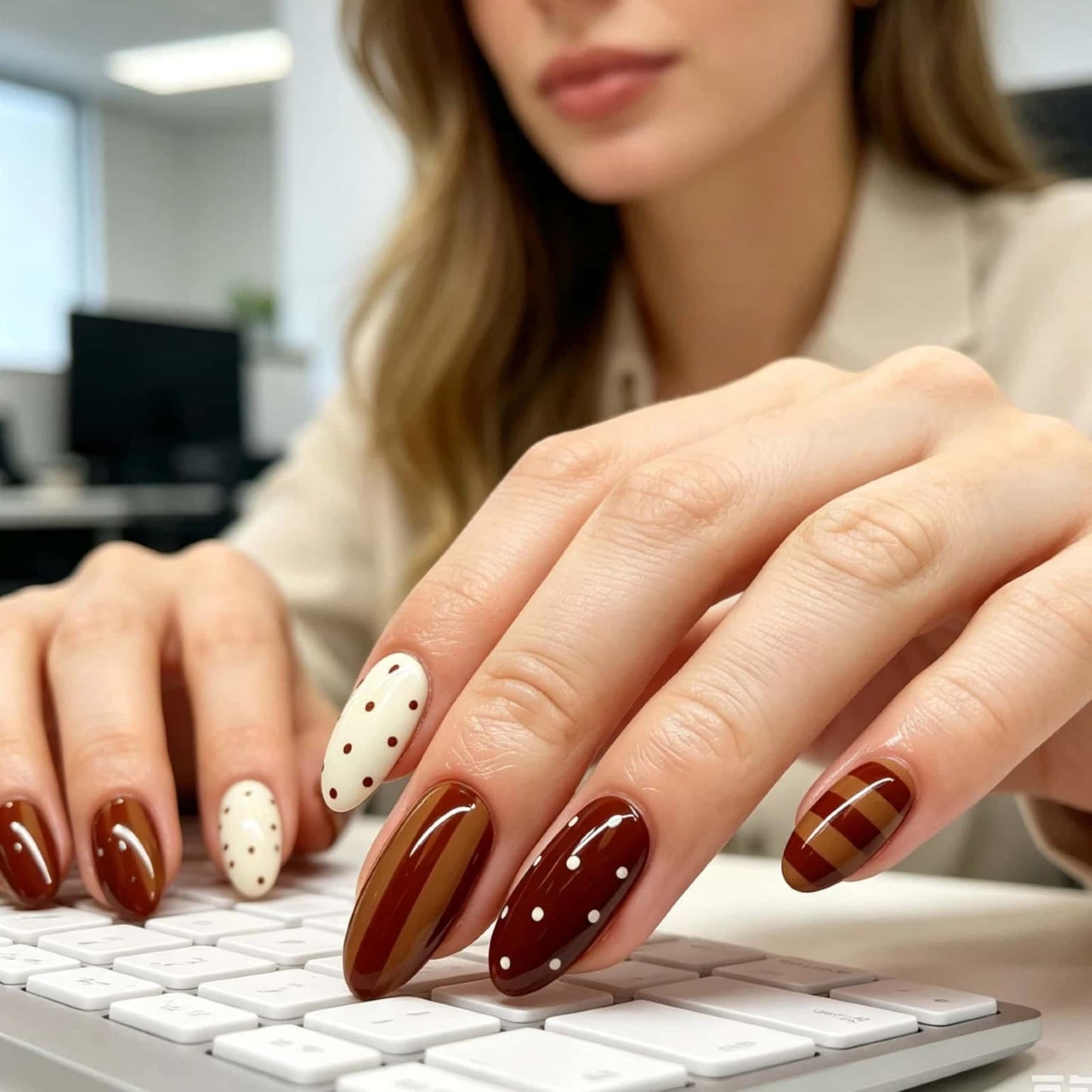 CLYHLTMZ Almond Press On Nails Short Fake Nails with Polka Dot Brown Stripes Design Glue On Nails 24 Pcs Cute Acrylic Press on Tips White Full Cover Stick on Nail Reusable Manicure Sticky for Women