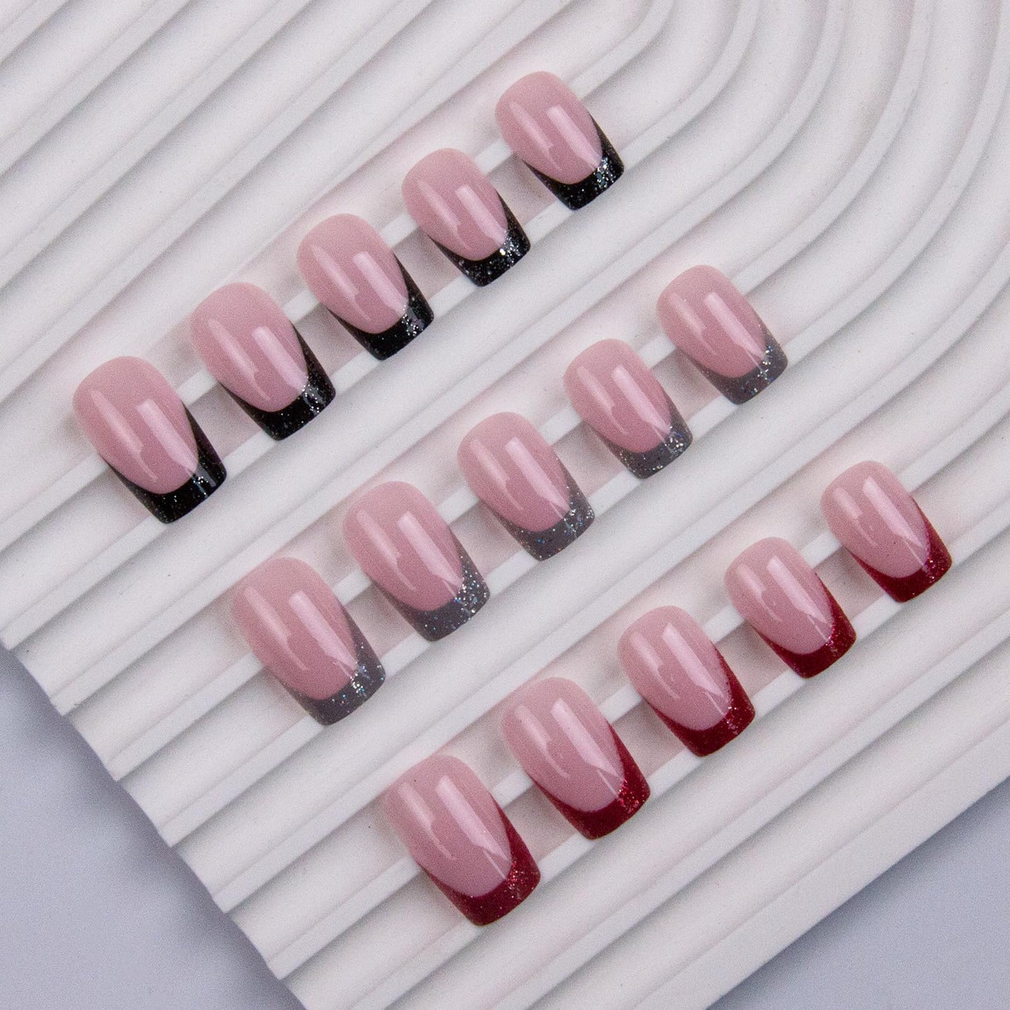 3Packs 72Pcs French Tip Press on Nails Short Square Fake Nails Black Red Silver Glitter Glue on Nails Glossy Shiny Full Cover Acrylic Nails Kit for Women Girls Manicure Deco Set 12 Size