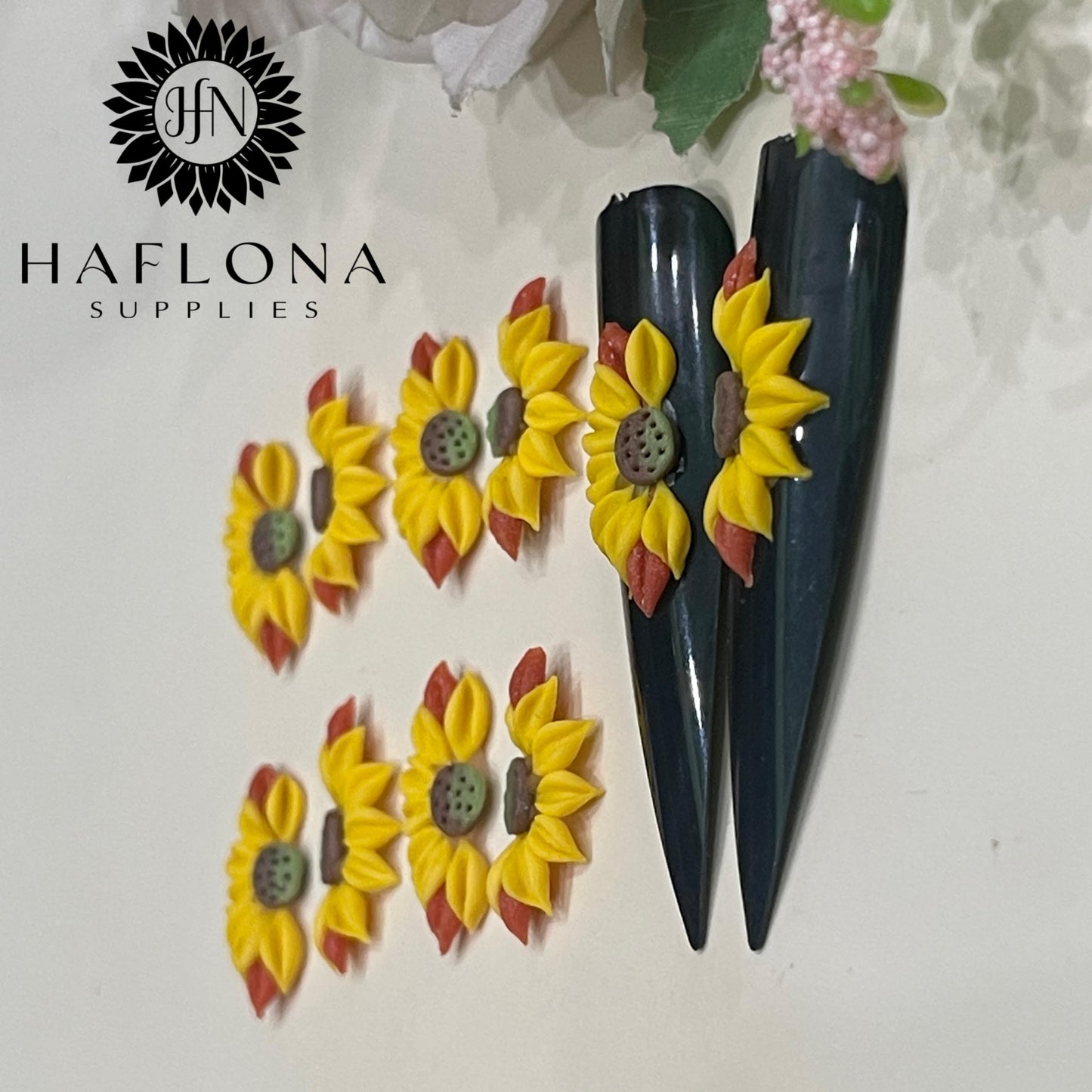 Set 10Pcs 3D Autum Sunflowers Flower -Nail Art Charms Handmade by Acrylic Powder Design Floral Salon Decor, 3D -Flowers -Nails -Charms -For Women Girls (Half Sunflower Autum -10Pcs)