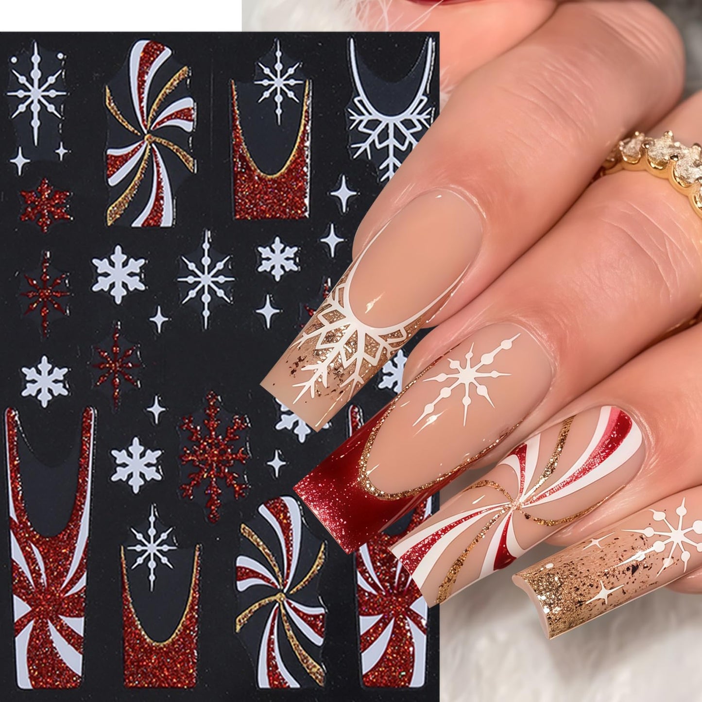 8 Sheets Red Christmas Nail Art Stickers Pink White Red Glitter Snowflake Nail Decals 3D Self-Adhesive Xmas Tree Winter Nail Design Gift Box Bow Nail Supplies Winter New Year Nail Decor for Women