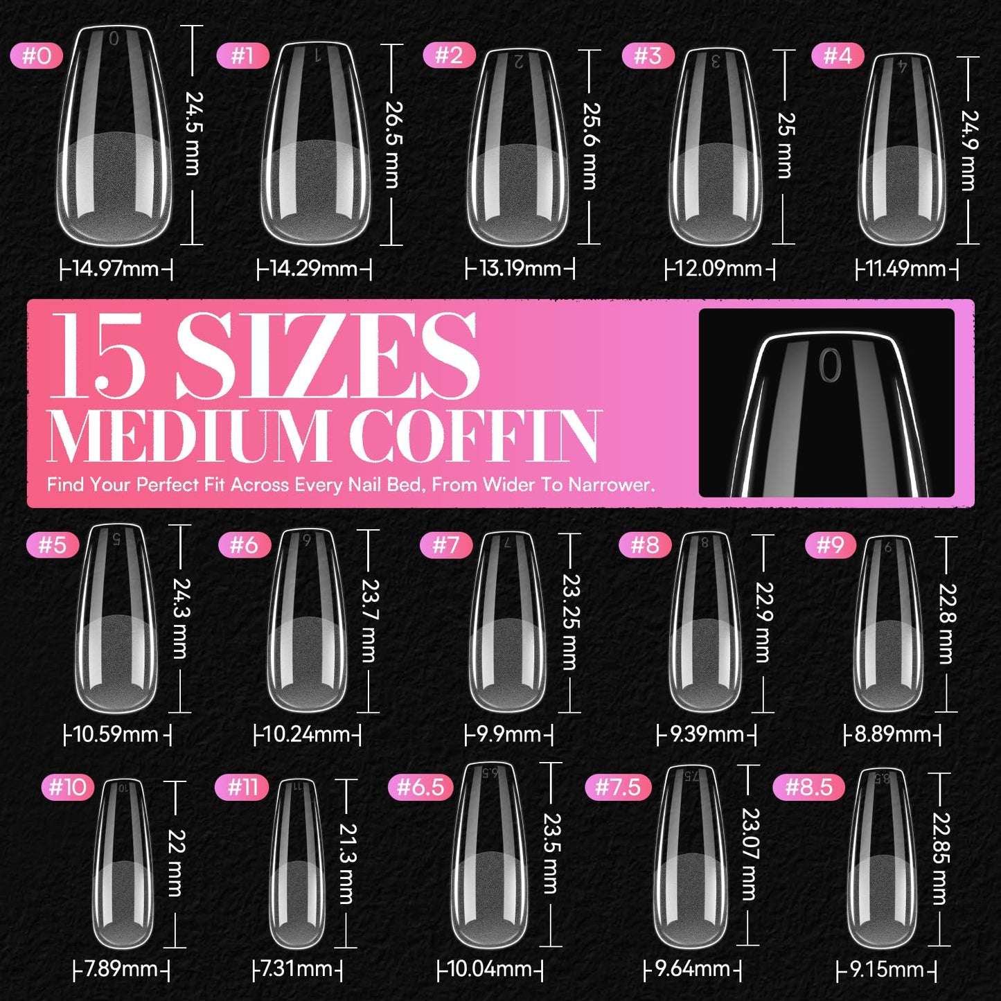 Makartt 420Pcs Medium Almond & Coffin Nail Tips, 2 Shapes in 1 Box Clear Full Cover Fake Nails with 15 Sizes Each, Pre-Etched Inside Medium Nail Tips for DIY Press On Nails, Nail Extensions at Home