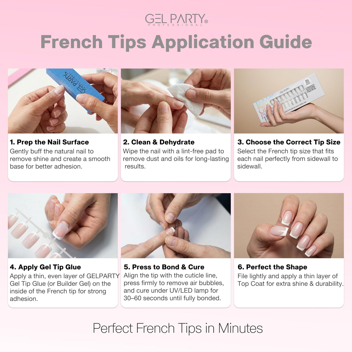 GELPARTY Rapid French Tip Press On Nails – 150Pcs, 15 Sizes | Pre-Shaped Soft Gel French Tips Pink Ultra Short Almond – Easy Salon Quality DIY