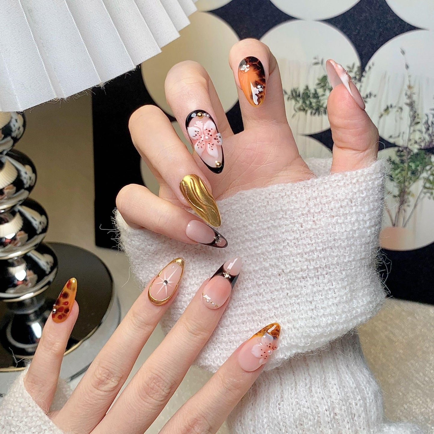 Almond Press on Nails Medium - Handmade Fake Nails with 3D Gold Flower Design - Winter Cherry Full Cover Glue on False Nails for Women - (Size S)