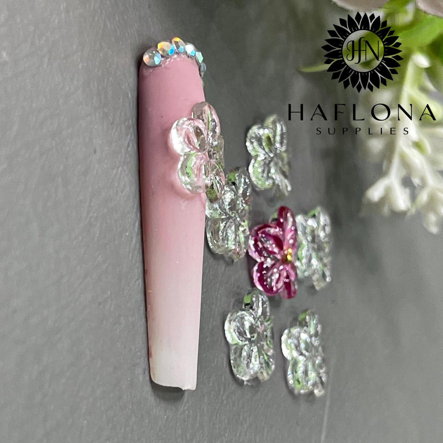 Set 10Pcs -Clear -Gel 3D -Flowers -Nails -Charms Plain No Rhinestone Gems Handmade by Gel, Design For Medium & Long Nail, 3D Flower Nail Art Floral Salon Decor For Women(Medium, ApricotBlossom Clear)