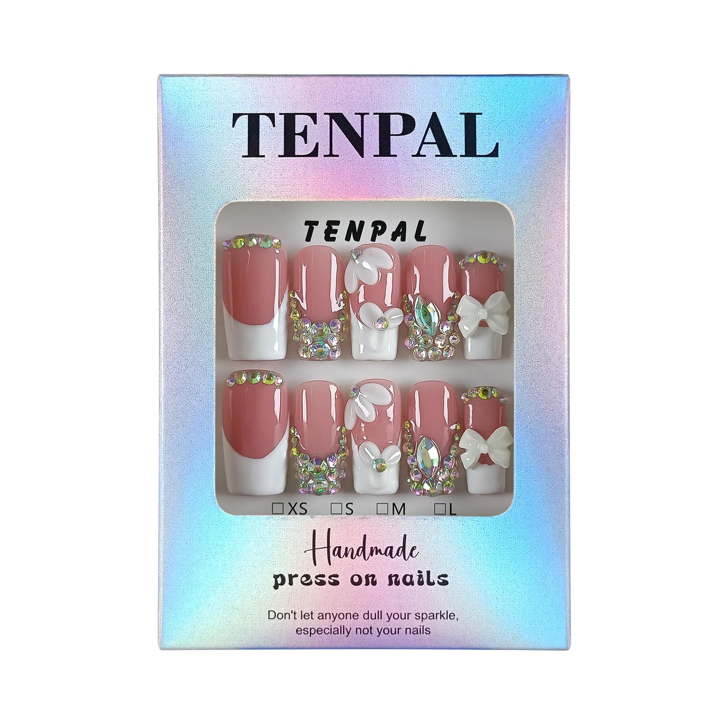 TENPAL Handmade Press on Nails Medium Long Square - Sheer Nude French Tip Fake Nails with 3D Floral, Full Cover Glitter 3D Bow Design False Nail Tips for Women Girls Daily Wear Parties Gifts(L)