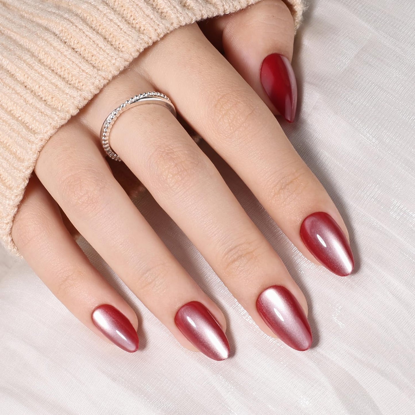 Red Cat Eye Press On Nails - Burgundy Short Almond Fake Nails, Dark Red Press On Nails Reusable Stick On Nails in 16 Sizes, 32pcs False Nail Kit for Women & Girls (Wine Chrome)