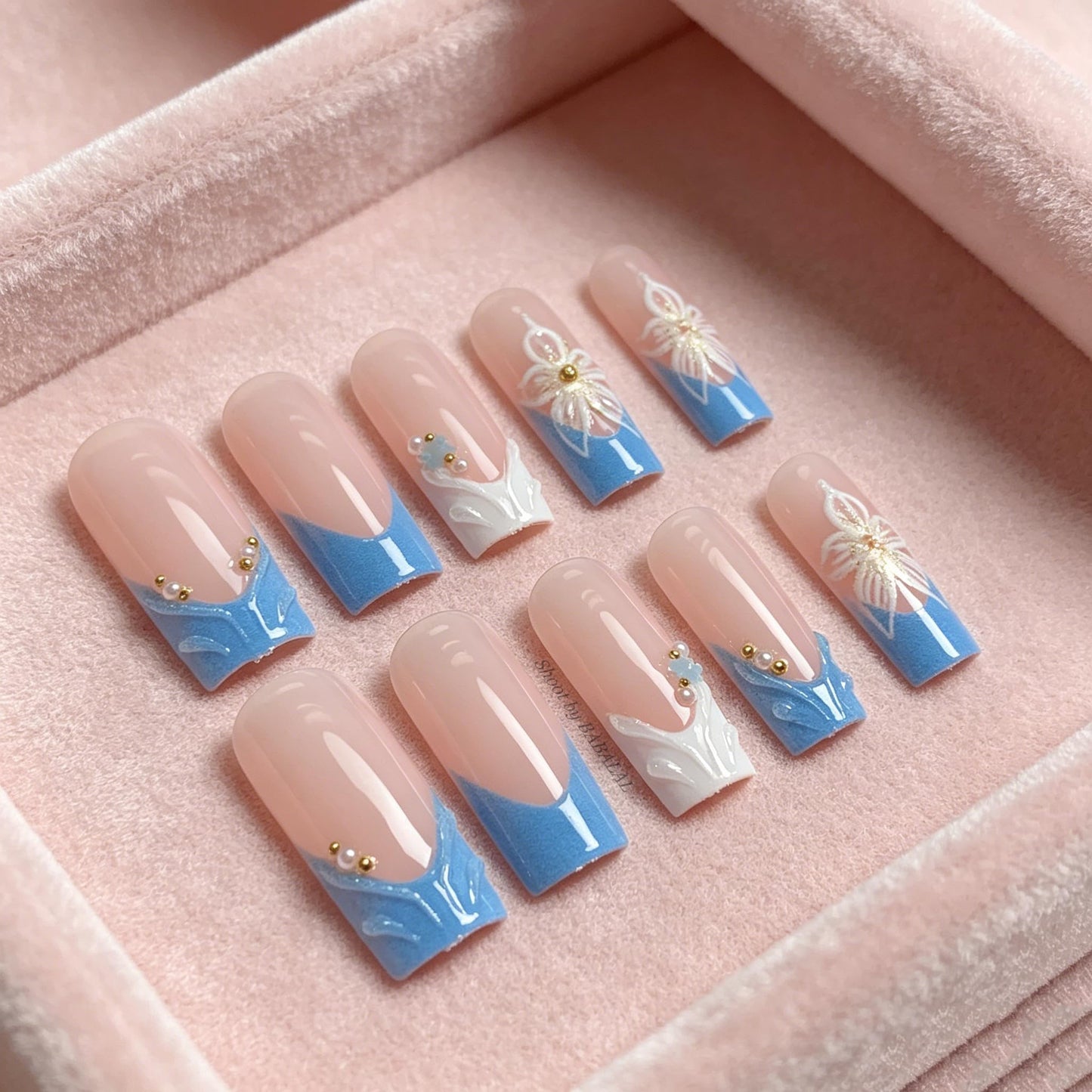 BABALAL Press On Nails, Extra Long Square Fake Nails, Baby Blue with 3D Flower & Gold Pearl Design, Glossy Mermaid Luxury Reusable Glue On Nails for Women and Girls 24Pcs