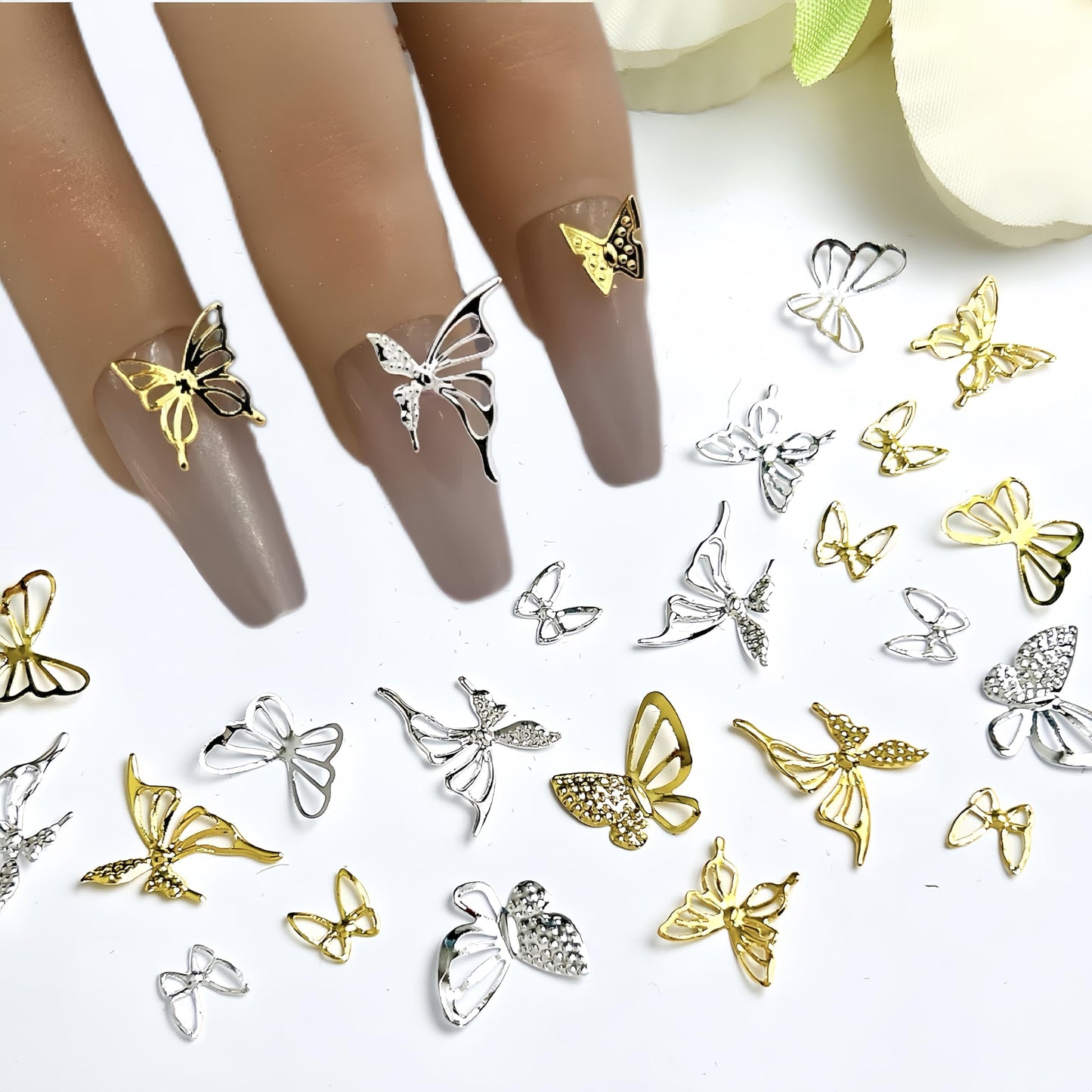 300Pcs Gold Sliver Butterfly Nail Charms 3D Butterflies Nail Rhinestones Gold Metal Butterfly Charms for Nails Alloy Butterfly Nail Jewelry Cute Butterflies Nail Supplies for Women Manicure Crafts DIY