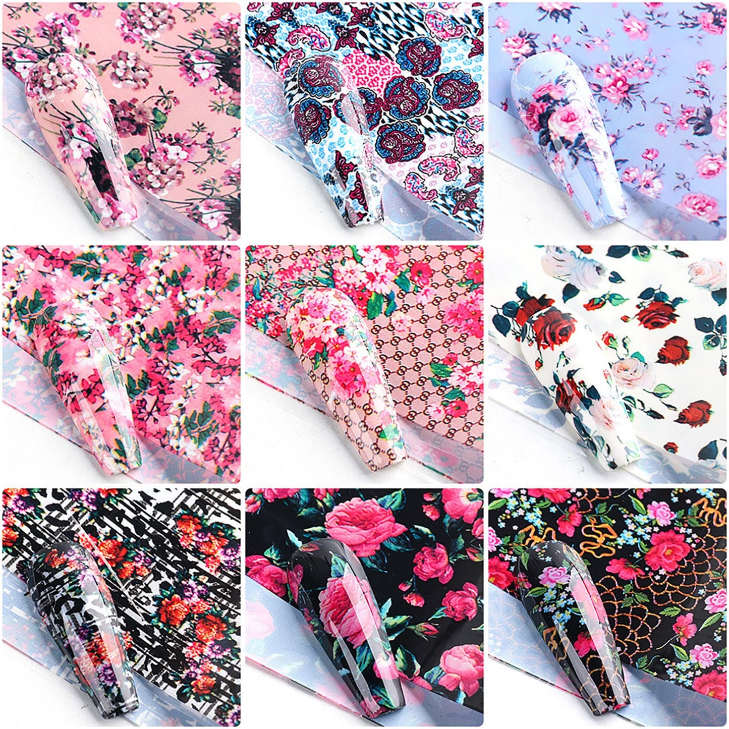 Flowers Holographic Nail Foil Stickers Decals, Floral Nail Polish Sheets Sky Starry Paper Transfer Foils Rose Nails Supplies for Nail Transfer Glue Women Manicure Film Decorations