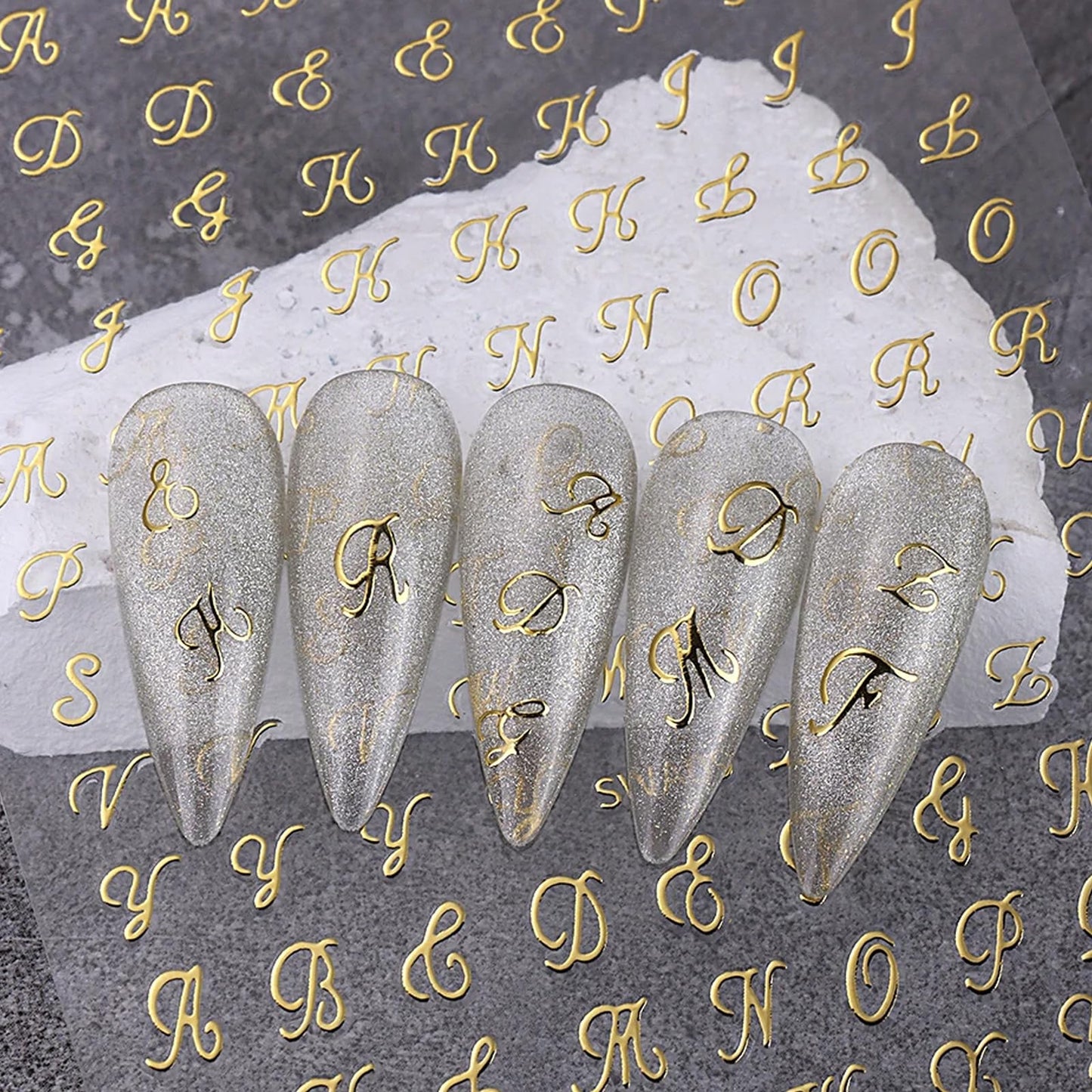 DANNEASY 8 Sheets Alphabet Number Nail Stickers 3D Self-Adhesive Old English Letters Nail Decals Black White Gold Sliver Nail Art Sticker Nail Initial Stickers for Women DIY Charms Decoration