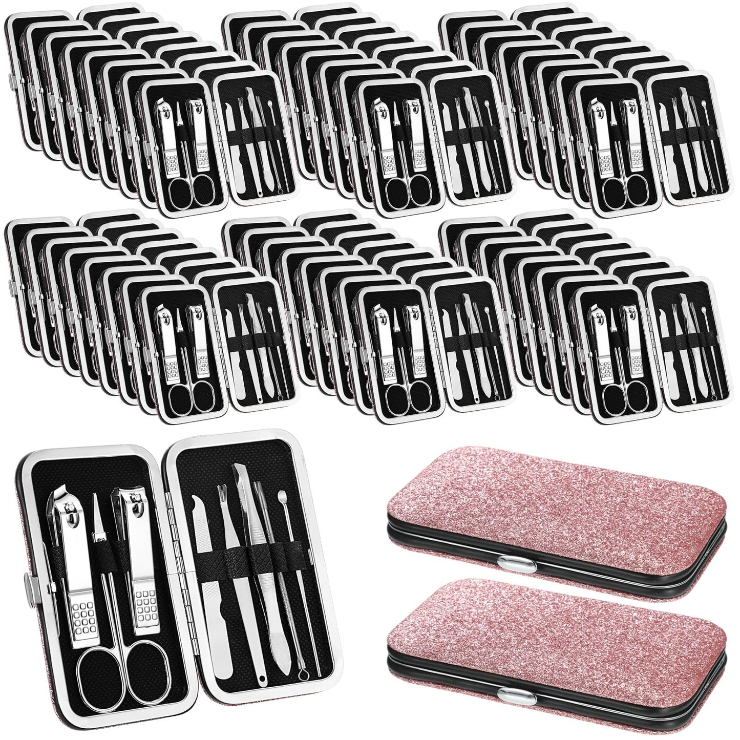 Geosar 50 Set 8 in 1 Travel Manicure Kit Bulk Professional Nail Clippers Pedicure Nail Care Tools Grooming Stainless Steel Set with Portable Travel Case, Gift for Valentine Men Women(Glitter Pink)