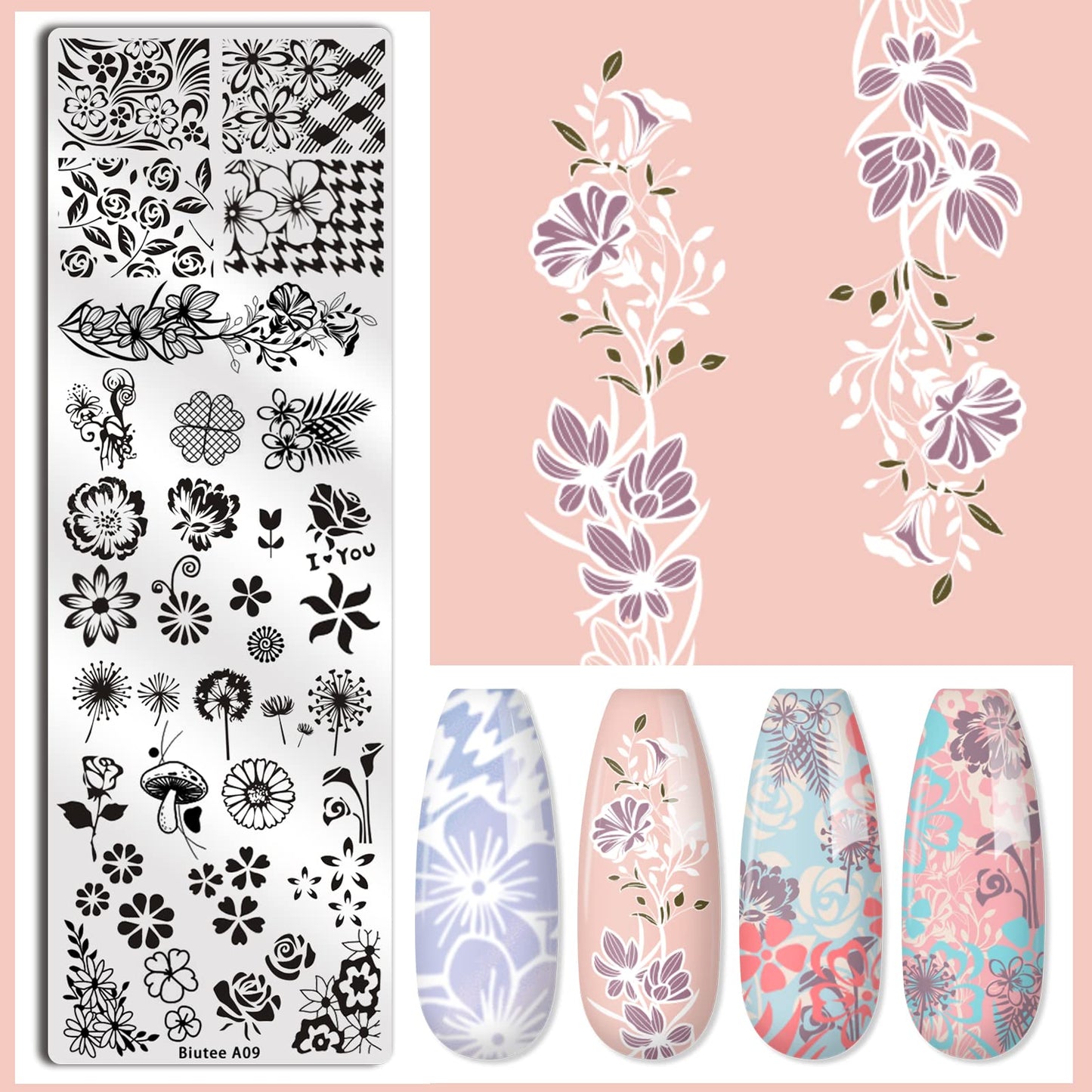 Biutee Nail Stamping Plates Set 10 pcs Nail Art Stamper Scraper Nail Stamp Plates Kit Nail Art Plate Template Lace Flower Butterfly Star Rose Design Nail Art Accessories