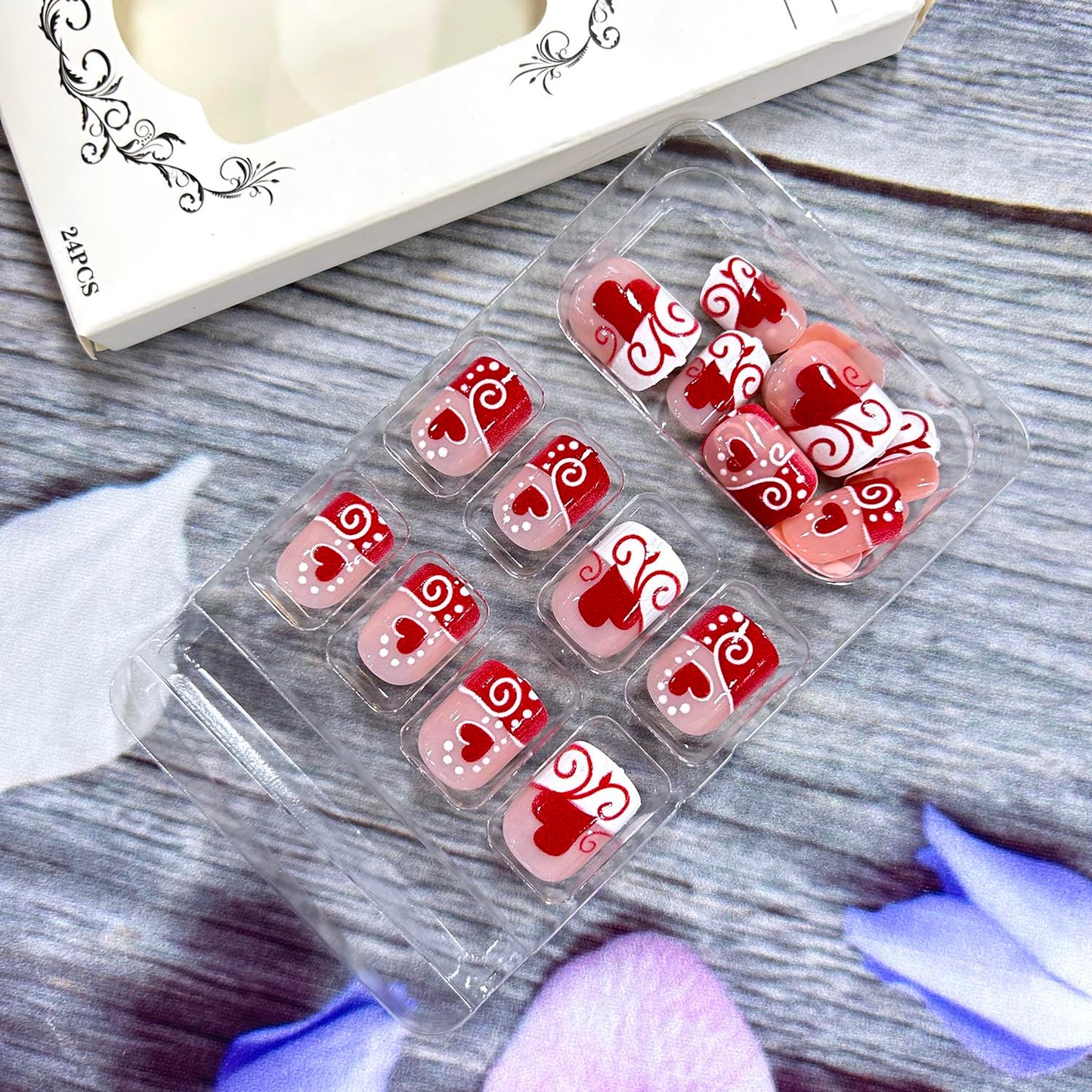 Valentine's Red French Tip Press on Nails Short Square Red Love Heart White Polka Dots Design Full Cover Glossy Artificial Nails Valentine's Acrylic Naills Holiday Stick on Nails for Women