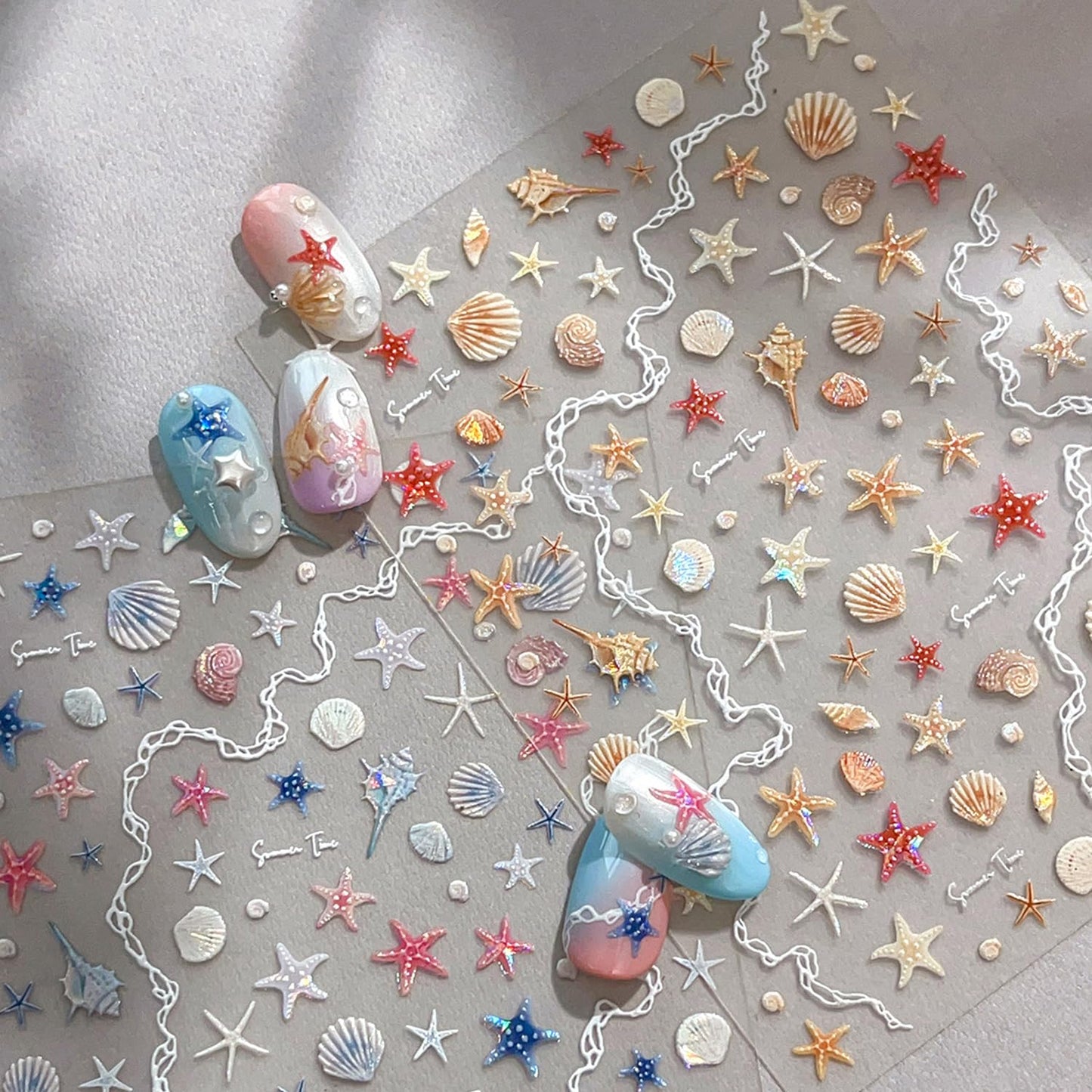 Summer Nail Art Stickers Shiny Shells Starfish Nail Decals Mermaid Conch Beach Design 5D Embossed Self Adhesive Nails Supplies Summer Sea Theme Nail Art Decoration for Women Manicure Accessories,2Pcs