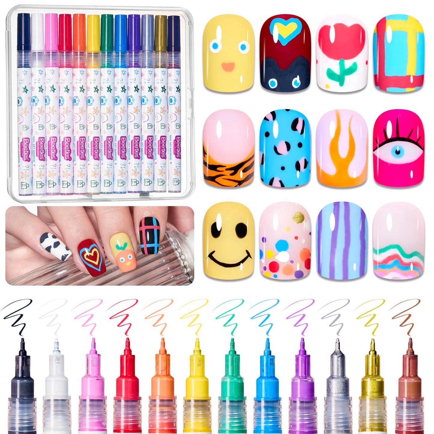Beetles 12 Colors Nail Art Pens, 0.5mm Fine Line Nail Polish Pens Quick Air Drying Acrylic Paint Markers for Nails Art Design Painting Dotting Liner Brush, DIY Home & Salon Manicure Tools