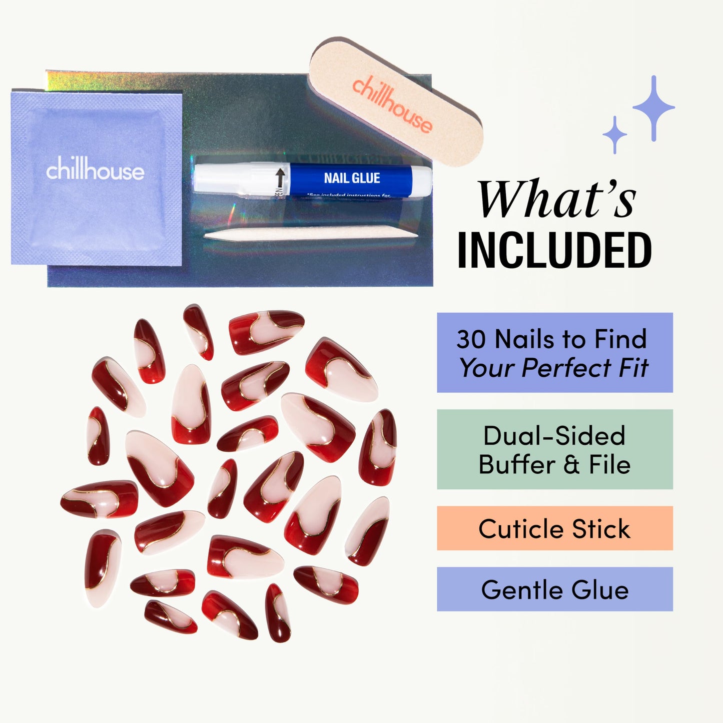 Chillhouse - Chill Tips, Press on Nails Kit - From the Archives (Almond) - 30 Nail Shapes & Sizes - Up to 2 Weeks of Wear- Customizable Fit- Reusable- Latina Founded & Women Owned- Beauty & Self Care