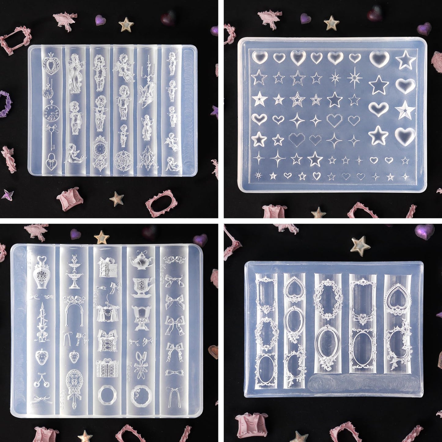 Laza 4pcs Silicone Nail Art Molds, 3D Virgin Mary, Mirror Frame, Heart, Bowknot Exquisite Silicone Y2K Nail Accessories with Carving Pen Resin Nail Art Mold Manicure Tools for DIY Salon Nail Design
