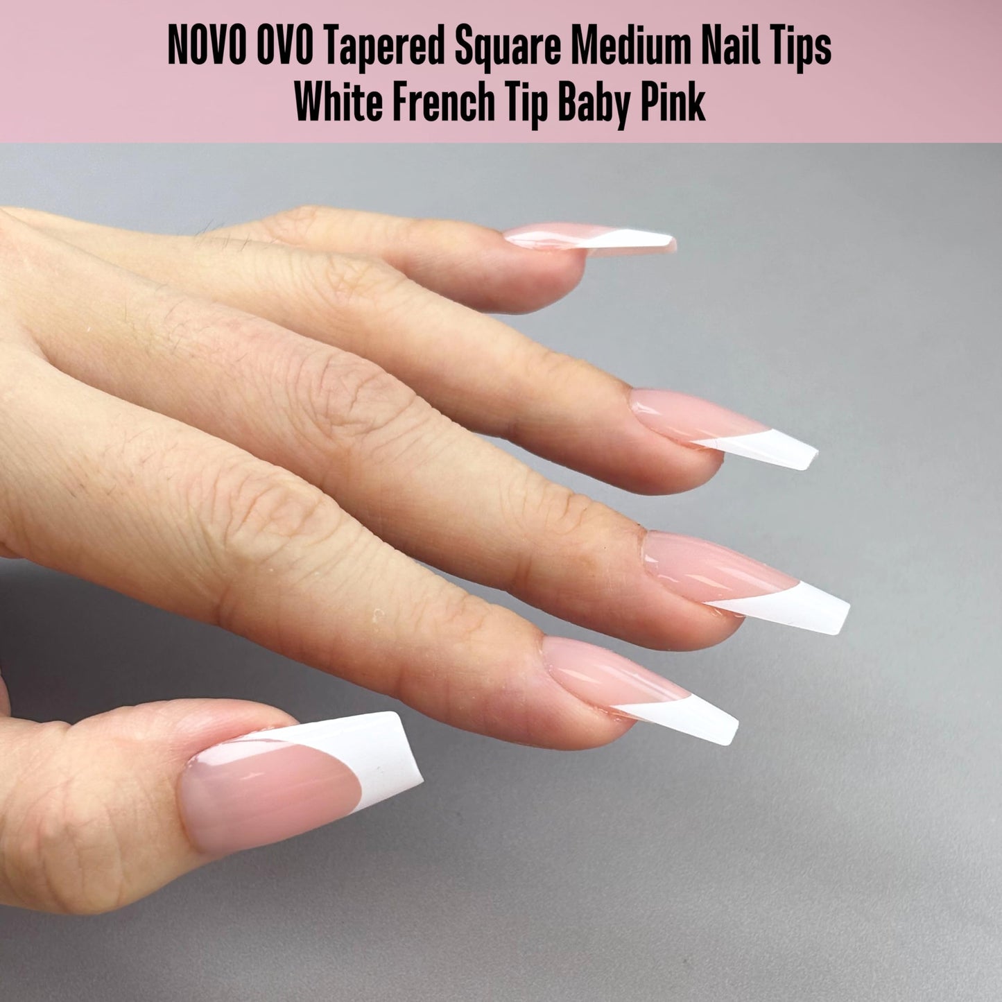NOVO OVO White French Tip Medium Coffin Nail Tips Press on, BABY PINK, Extra Thick Soft Gel Fake Nail Acrylic Extension, Need Builder Gel Top Coat, No Glue Included, for Salon DIY 15 Sizes x 240 pcs
